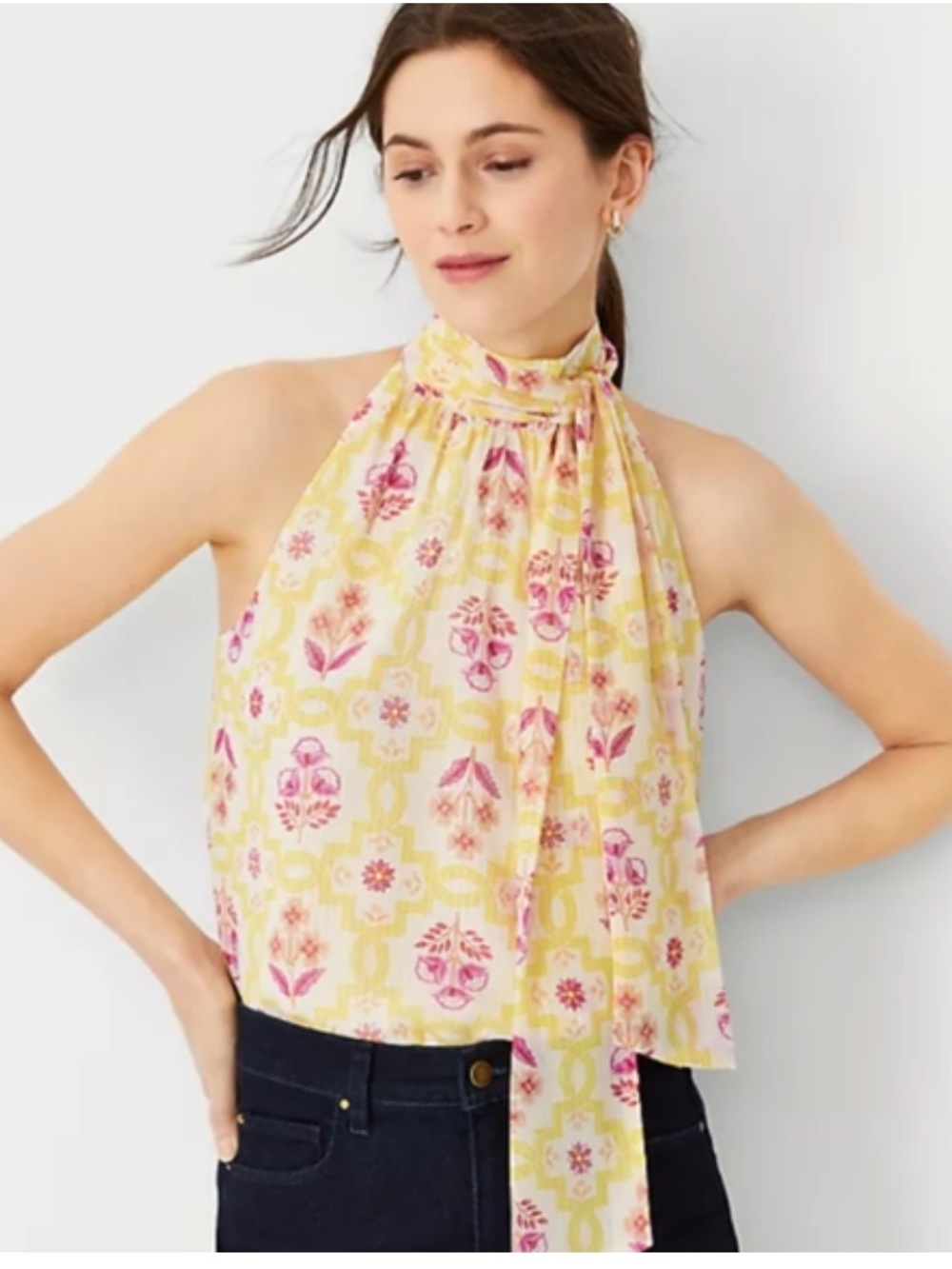Ann Taylor Yellow Floral Halter Bow Blouse size M